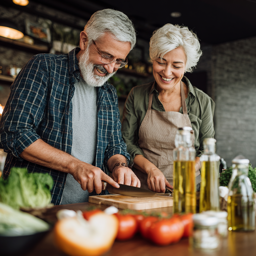 happy mature couple cooking together following mulkenrav meal plan in modern kitchen
