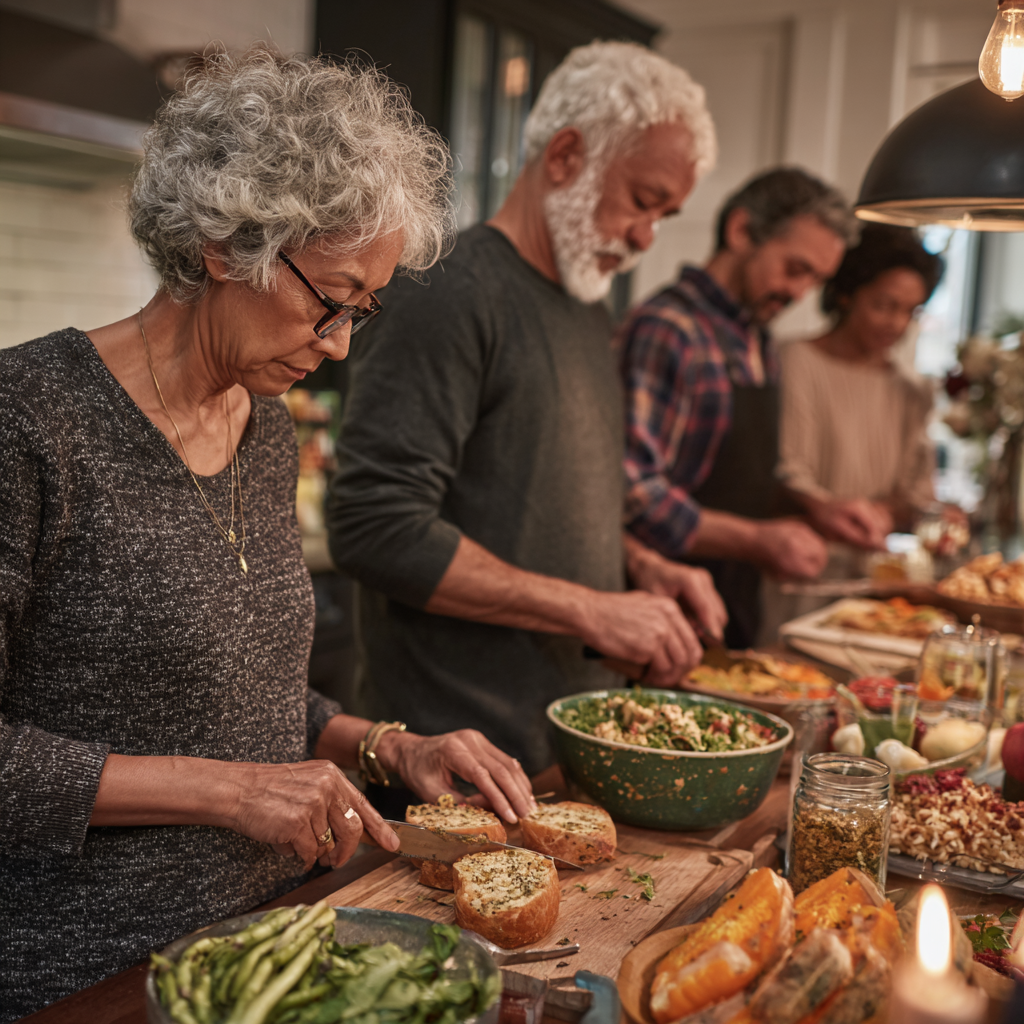 diverse group of mature adults preparing various healthy meals representing different dietary approaches