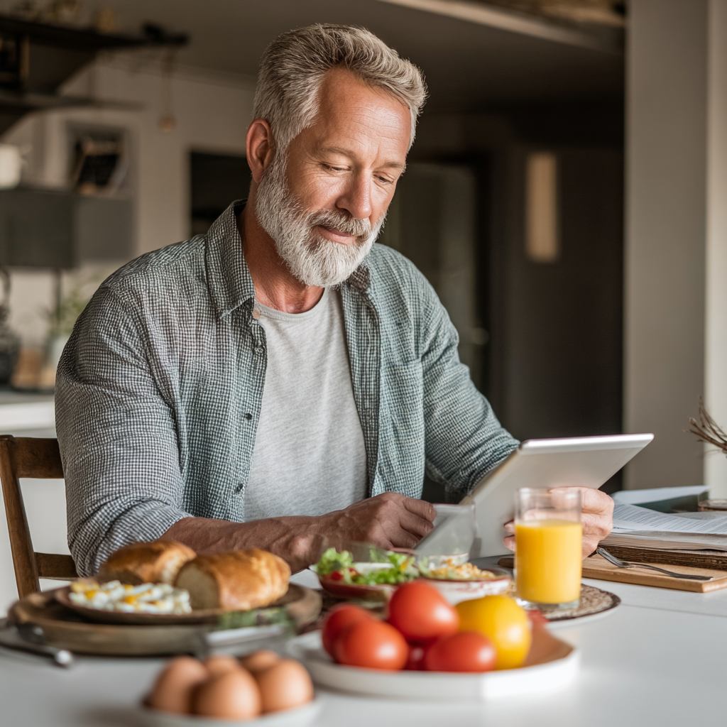 mature professional reviewing personalized nutrition plan on tablet while enjoying healthy breakfast
